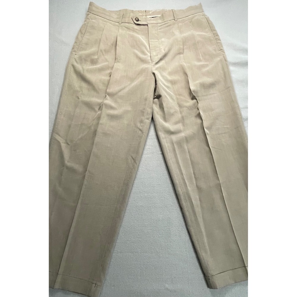 Chereskin Mens Tan Micro Houndstooth Pleated Cuffed Dress Pants 36x28 - Picture 2 of 12